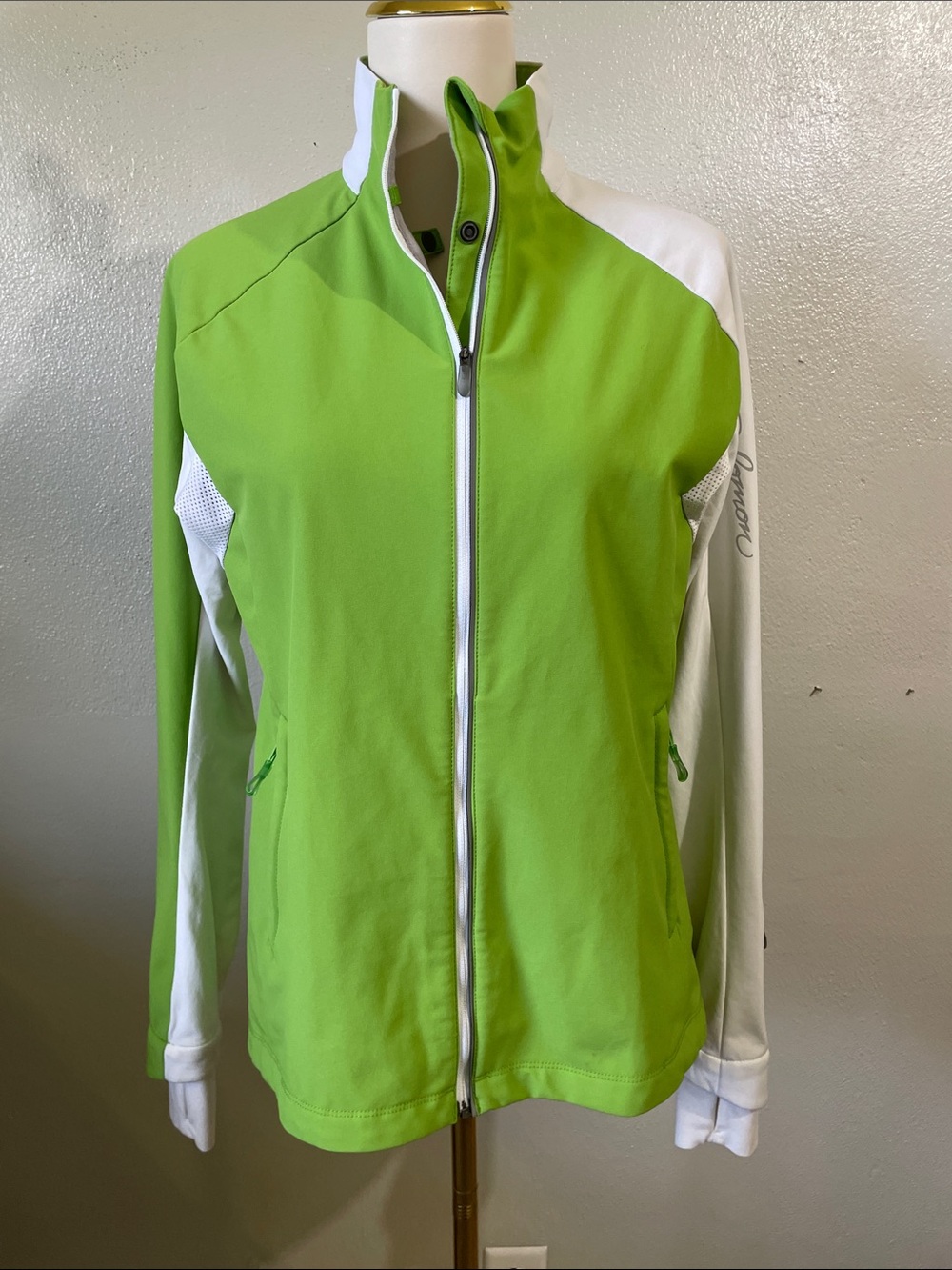 Salomon Full Zip Cycling Jersey Lime Green White Stretch Performance Medium Bike